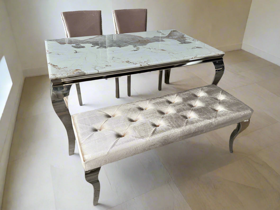 Louis Pandora Marble & Chrome Dining Table With Kensington Button Back Beige Chairs & Bench