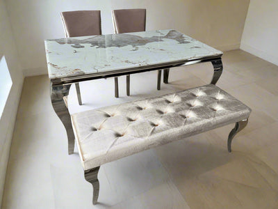 Louis Pandora Marble & Chrome Dining Table With Kensington Button Back Beige Chairs & Bench