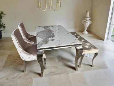 Louis Pandora Marble & Chrome Dining Table With Kensington Button Back Beige Chairs & Bench