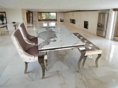 Louis Pandora Marble & Chrome Dining Table With Kensington Button Back Beige Chairs & Bench