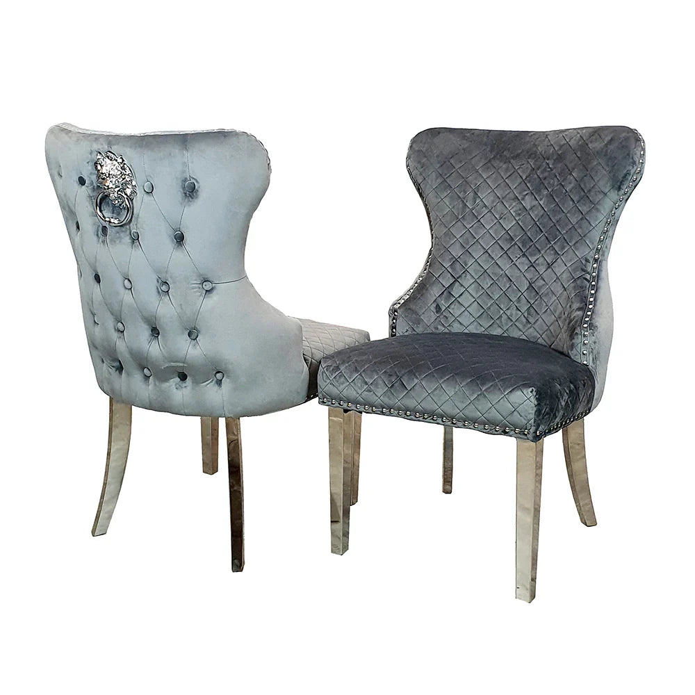 Valente Grey Shimmer Velvet Fabric Button Back Lion Knocker Quilted Dining Chair - Belmont Interiors