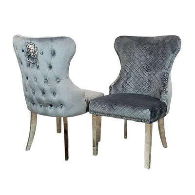 Valente Grey Shimmer Velvet Fabric Button Back Lion Knocker Quilted Dining Chair - Belmont Interiors