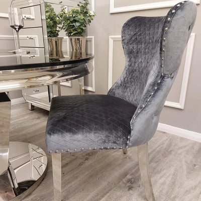 Valente Grey Shimmer Velvet Fabric Button Back Lion Knocker Quilted Dining Chair - Belmont Interiors