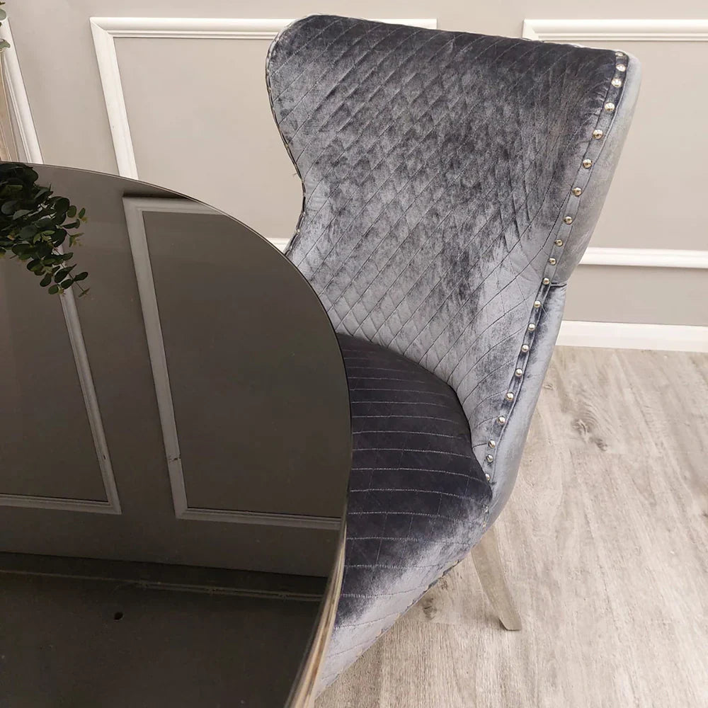 Valente Grey Shimmer Velvet Fabric Button Back Lion Knocker Quilted Dining Chair - Belmont Interiors