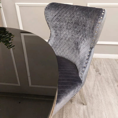 Valente Grey Shimmer Velvet Fabric Button Back Lion Knocker Quilted Dining Chair - Belmont Interiors