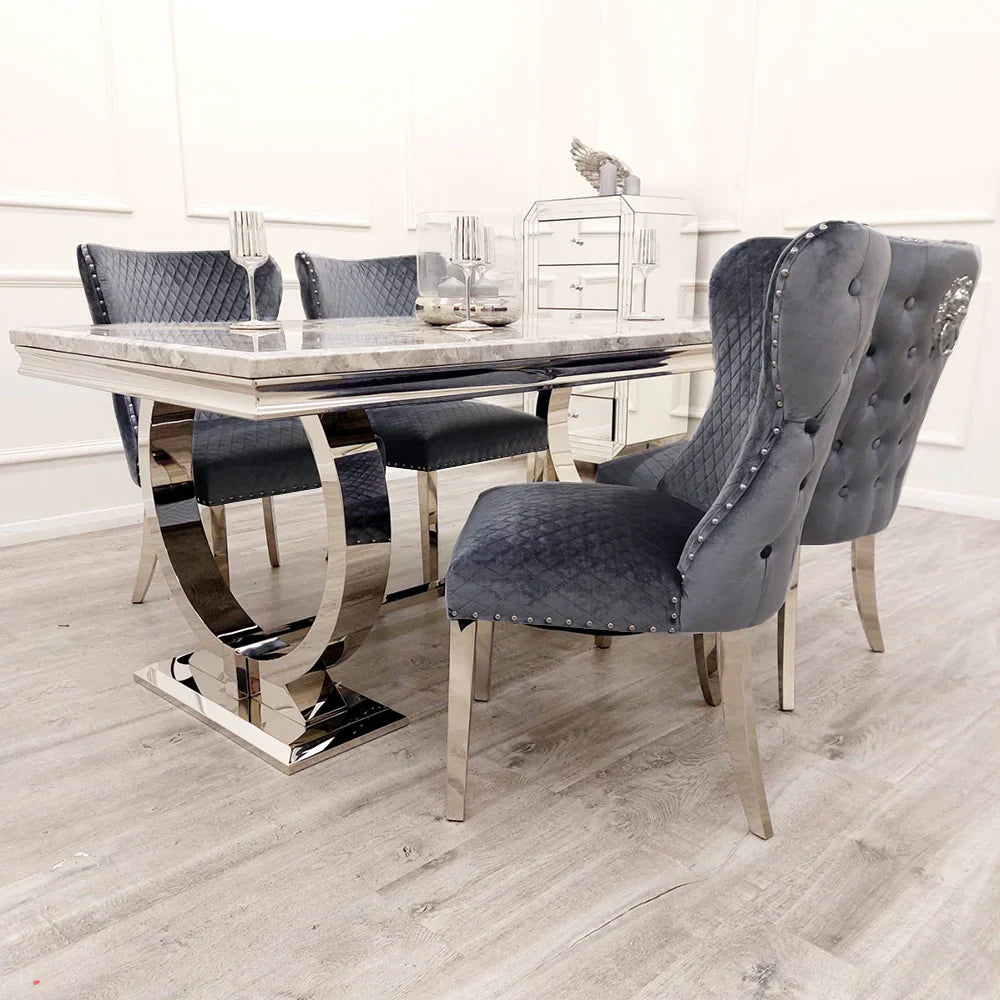Valente Grey Shimmer Velvet Fabric Button Back Lion Knocker Quilted Dining Chair - Belmont Interiors