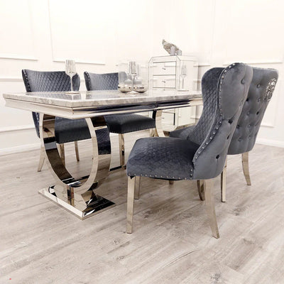 Valente Grey Shimmer Velvet Fabric Button Back Lion Knocker Quilted Dining Chair - Belmont Interiors