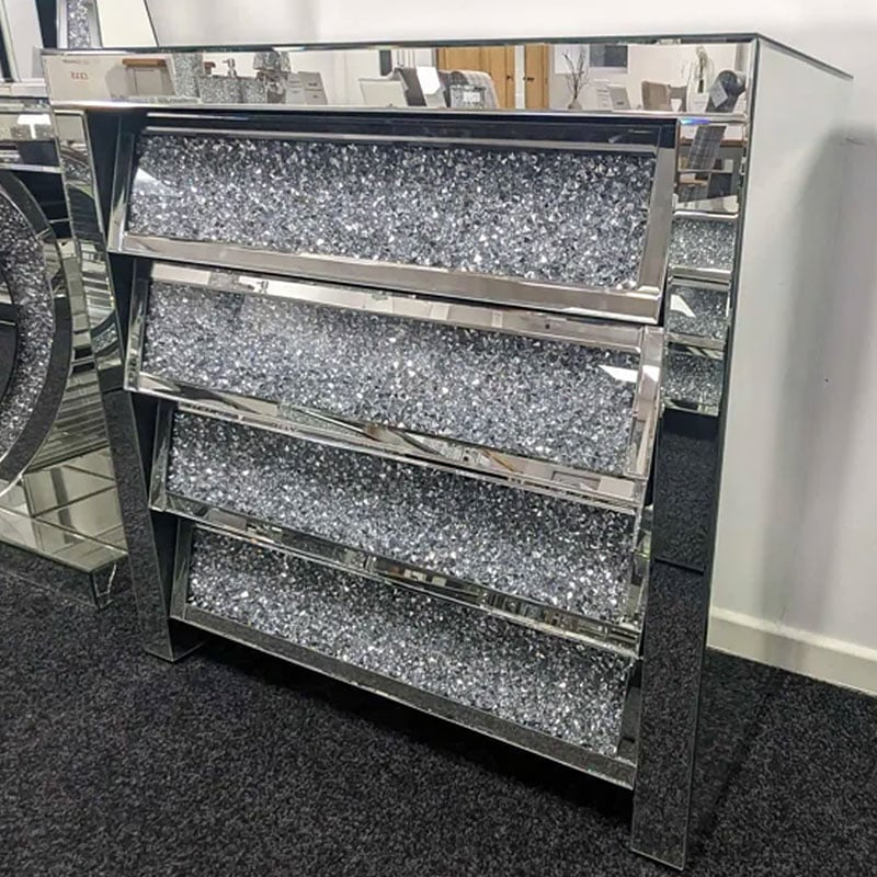 Diamond Crush Mirrored Angled 4 Drawer Chest Of Drawers Cabinet