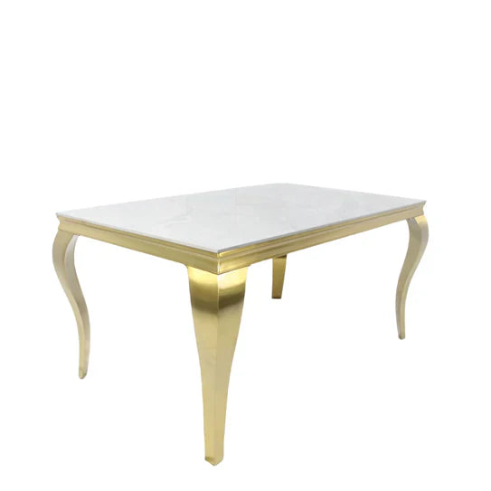 Louis Marble & Gold Dining Table With Victoria Gold Ring Knocker Velvet Chairs
