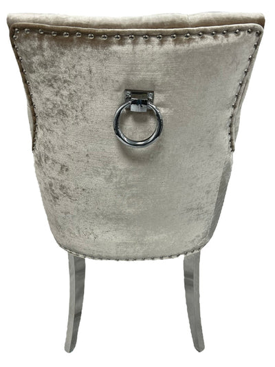 Chelsea 130cm Marble Round Dining Table With Shimmer Chrome Ring Knocker Chairs