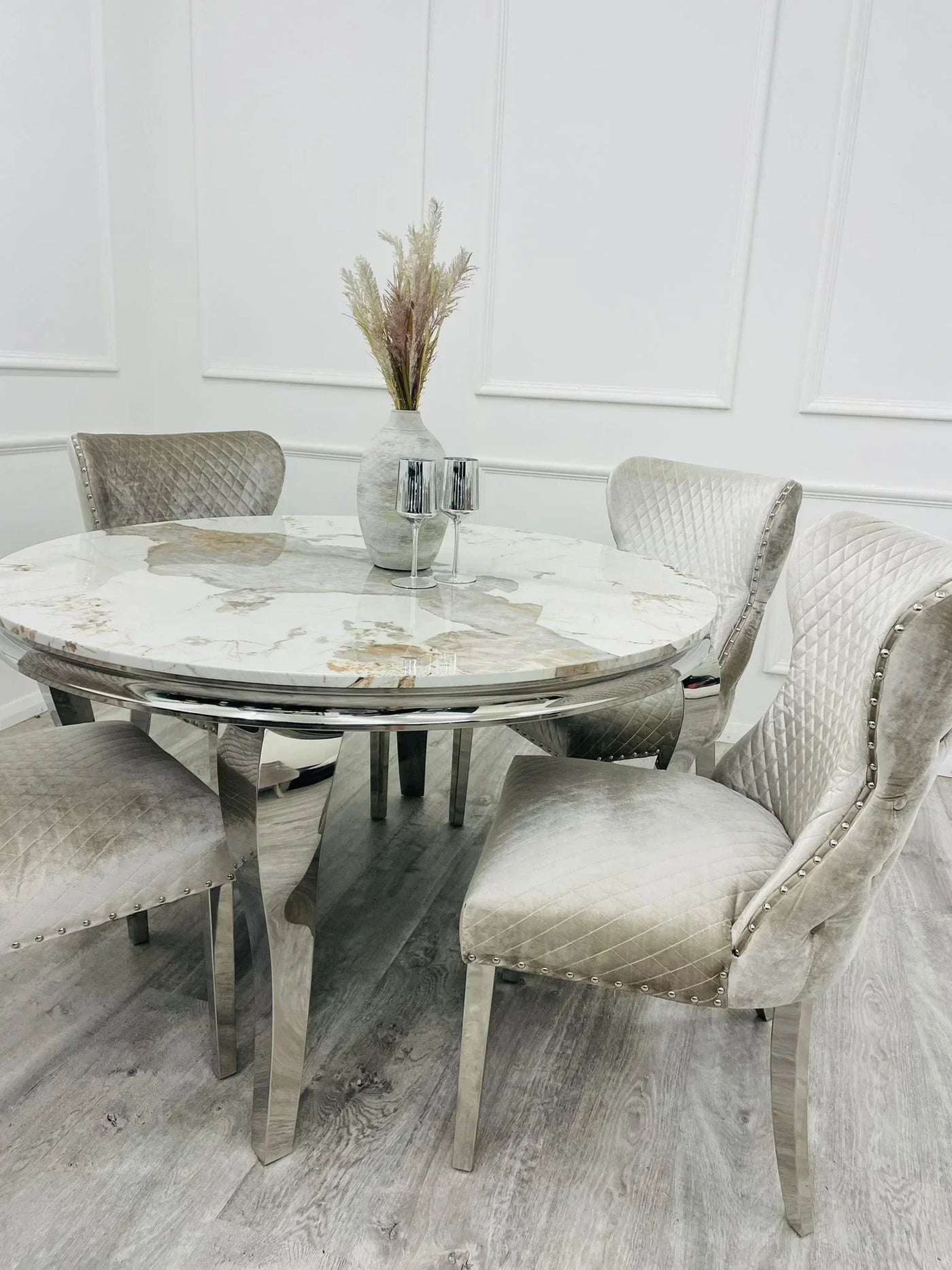 Louis 130cm Marble Round Dining Table + Valente Lion Dining Chairs