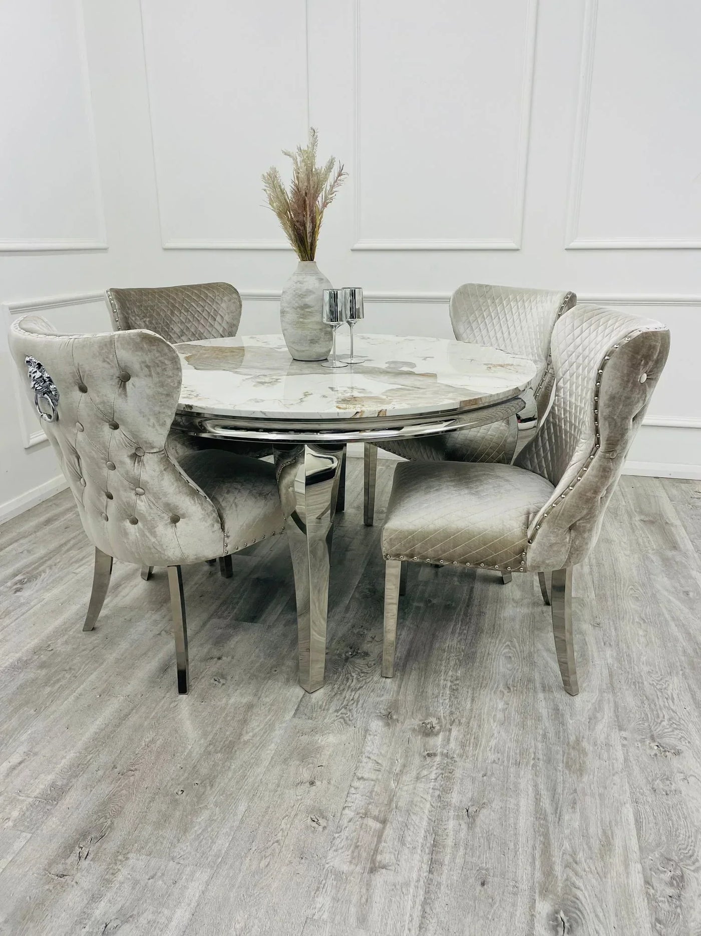 Louis 130cm Marble Round Dining Table + Valente Lion Dining Chairs