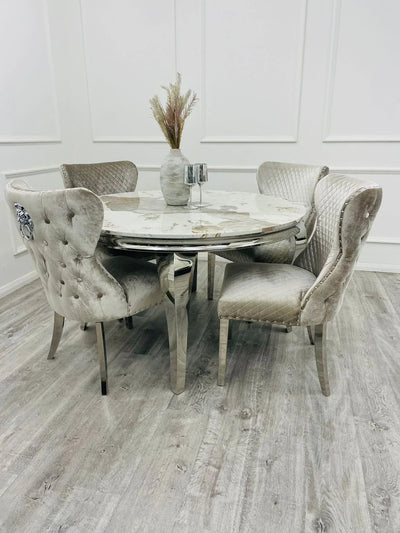 Louis 130cm Marble Round Dining Table + Valente Lion Dining Chairs