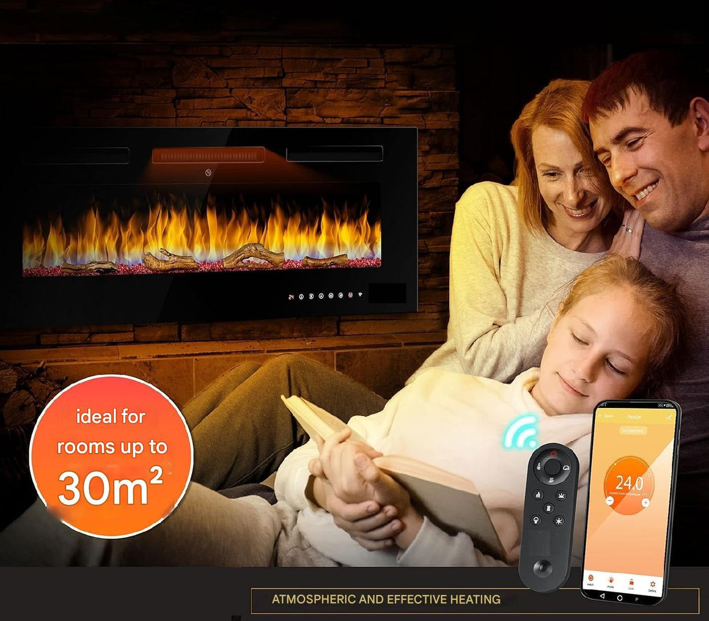 Luminis Black 50" WI-FI Insert Electric Fire 10 Colour LED Glass Wall Mounted Inset