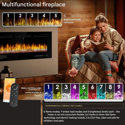 Luminis Black 50" WI-FI Insert Electric Fire 10 Colour LED Glass Wall Mounted Inset