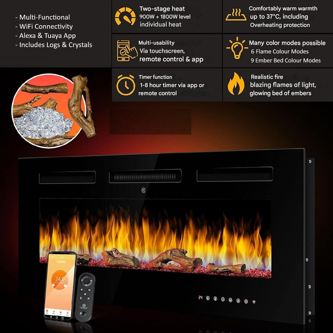 Luminis Black 50" WI-FI Insert Electric Fire 10 Colour LED Glass Wall Mounted Inset
