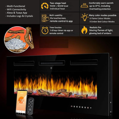 Luminis Black 50" WI-FI Insert Electric Fire 10 Colour LED Glass Wall Mounted Inset