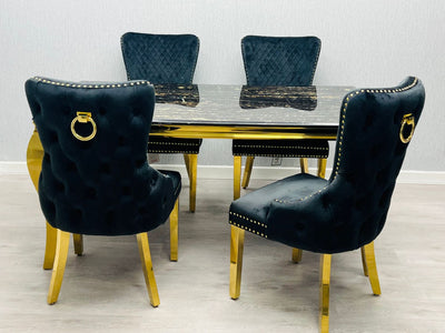Louis Marble & Gold Dining Table With Victoria Gold Ring Knocker Velvet Chairs