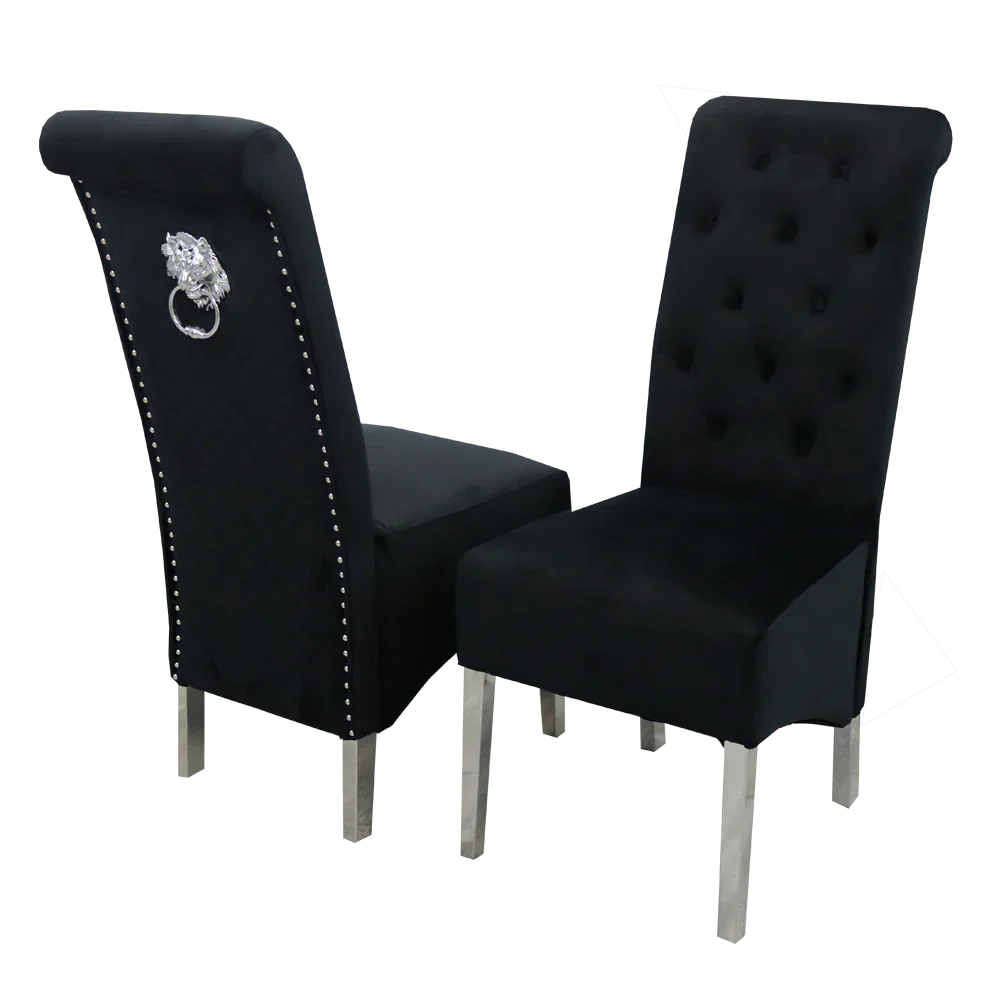 Arianna Marble & Chrome Dining Table With Grey Lucy Slim Quilted Lion Knocker Velvet Chairs + Grey Arianna Bench