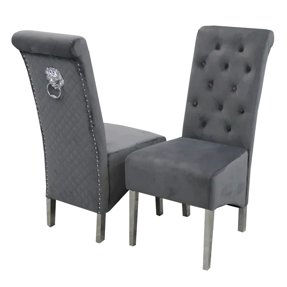 Louis 120CM Marble & Chrome Dining Table With Lucy Slim Quilted Lion Knocker Velvet Chairs - Belmont Interiors