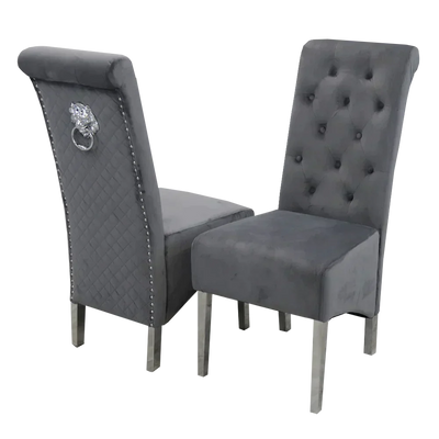Louis 120CM Marble & Chrome Dining Table With Lucy Slim Quilted Lion Knocker Velvet Chairs - Belmont Interiors