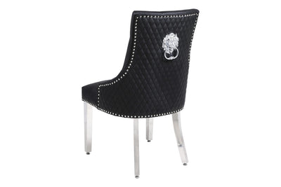 Aria 180cm Grey Marble & Chrome Dining Table With Majestic PU Leather Lion Knocker Dining Chairs