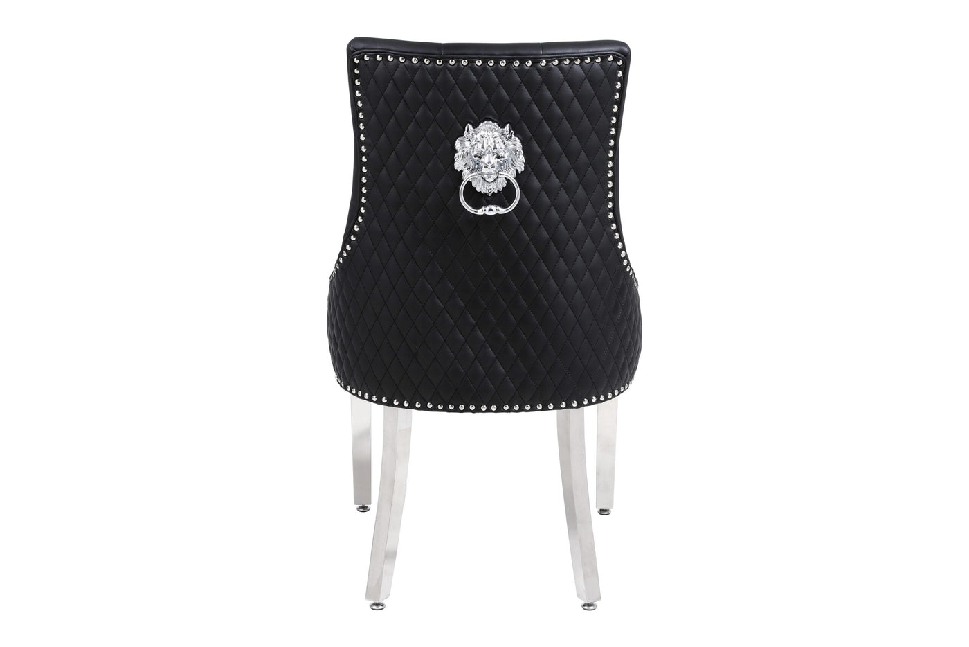 Aria 180cm Grey Marble & Chrome Dining Table With Majestic PU Leather Lion Knocker Dining Chairs