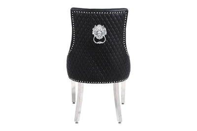 Aria 180cm Grey Marble & Chrome Dining Table With Majestic PU Leather Lion Knocker Dining Chairs