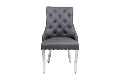 Aria 180cm Grey Marble & Chrome Dining Table With Majestic PU Leather Lion Knocker Dining Chairs