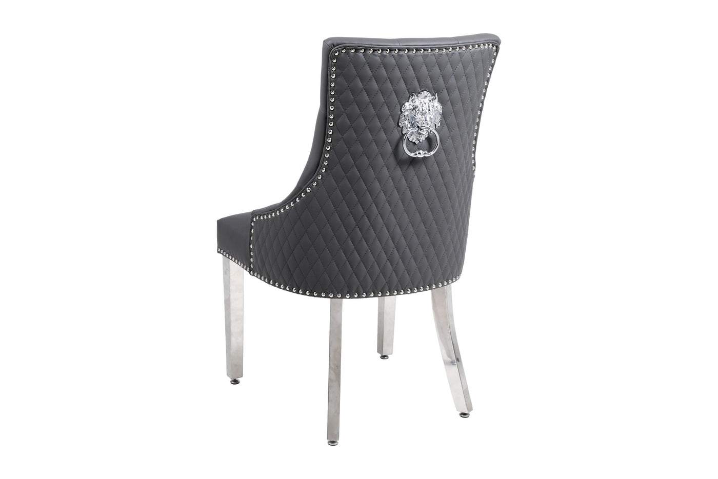 Aria 180cm Grey Marble & Chrome Dining Table With Majestic PU Leather Lion Knocker Dining Chairs