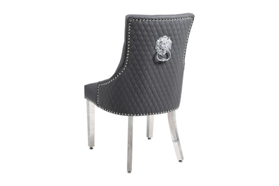 Aria 180cm Grey Marble & Chrome Dining Table With Majestic PU Leather Lion Knocker Dining Chairs