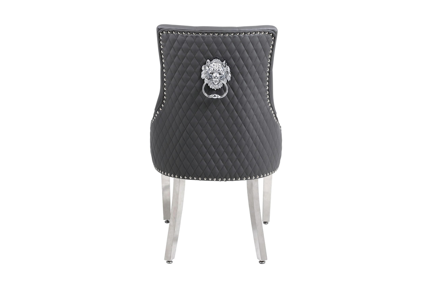 Elina 180cm Grey Marble & Chrome Dining Table + Majestic PU Leather Lion Knocker Dining Chairs