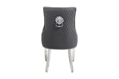 Aria 180cm Grey Marble & Chrome Dining Table With Majestic PU Leather Lion Knocker Dining Chairs