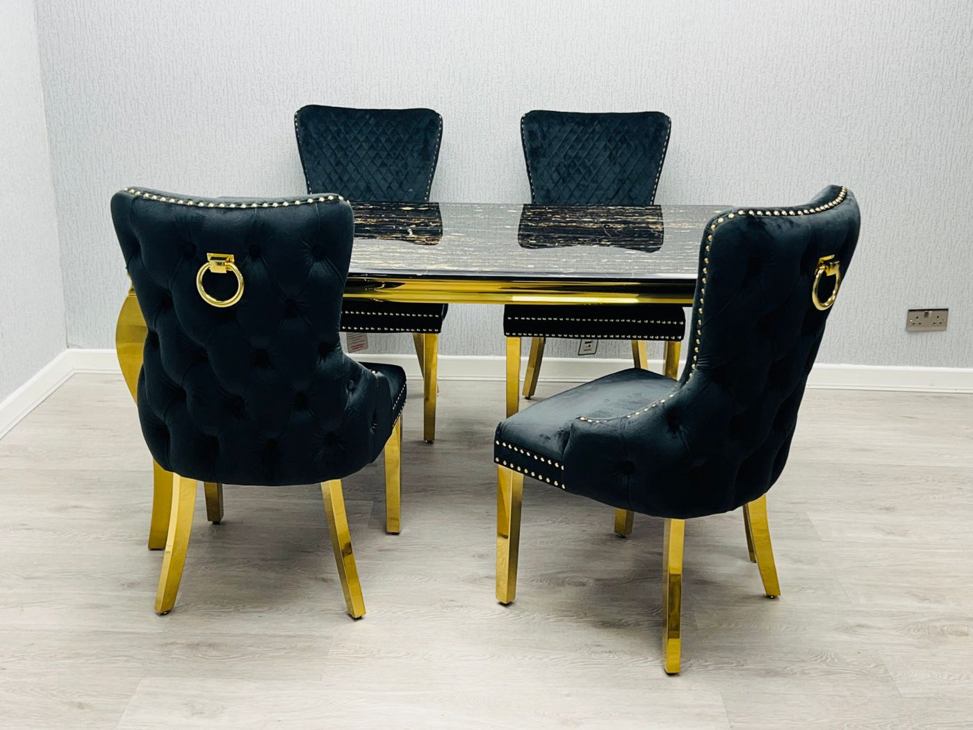 Louis Marble & Gold Dining Table With Victoria Gold Ring Knocker Velvet Chairs