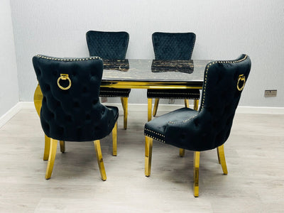 Louis Marble & Gold Dining Table With Victoria Gold Ring Knocker Velvet Chairs