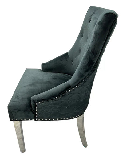 Roma Lion Knocker Quilted Tufted Shimmer Velvet/Leather Dining Chair Chrome Legs