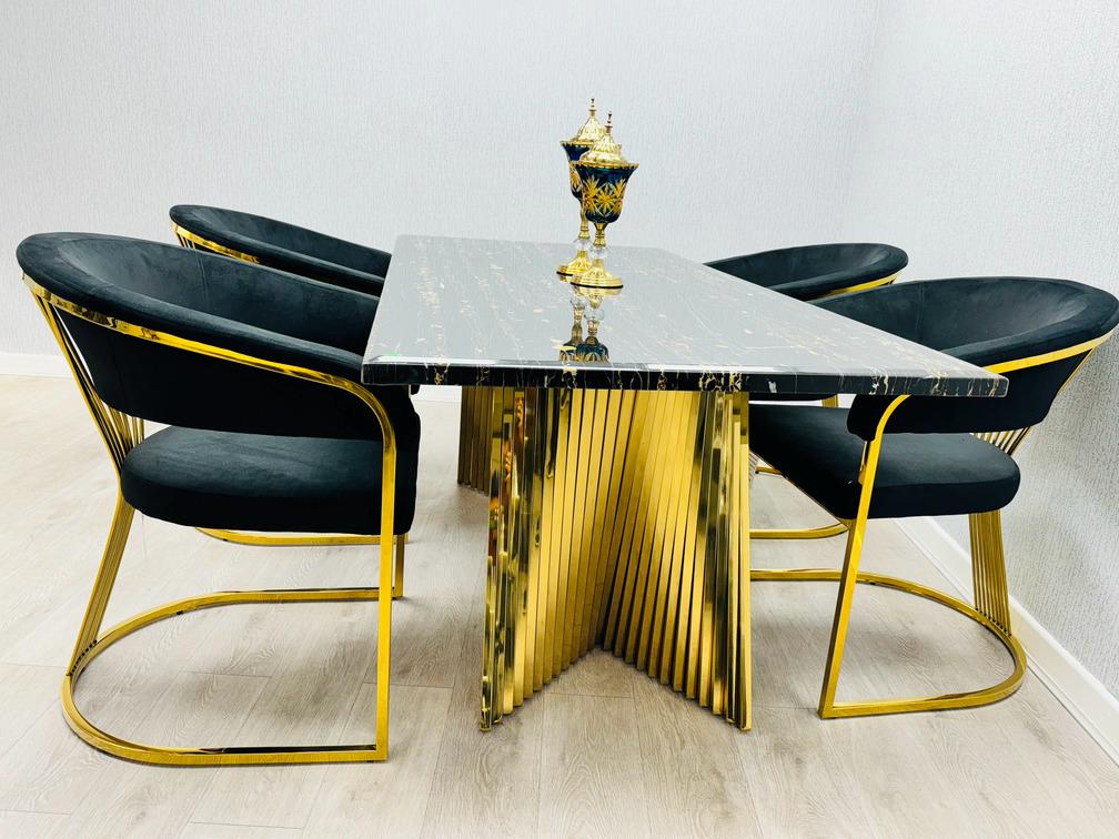 Ravello Black & Gold Marble Dining Table With Porado Gold Chairs