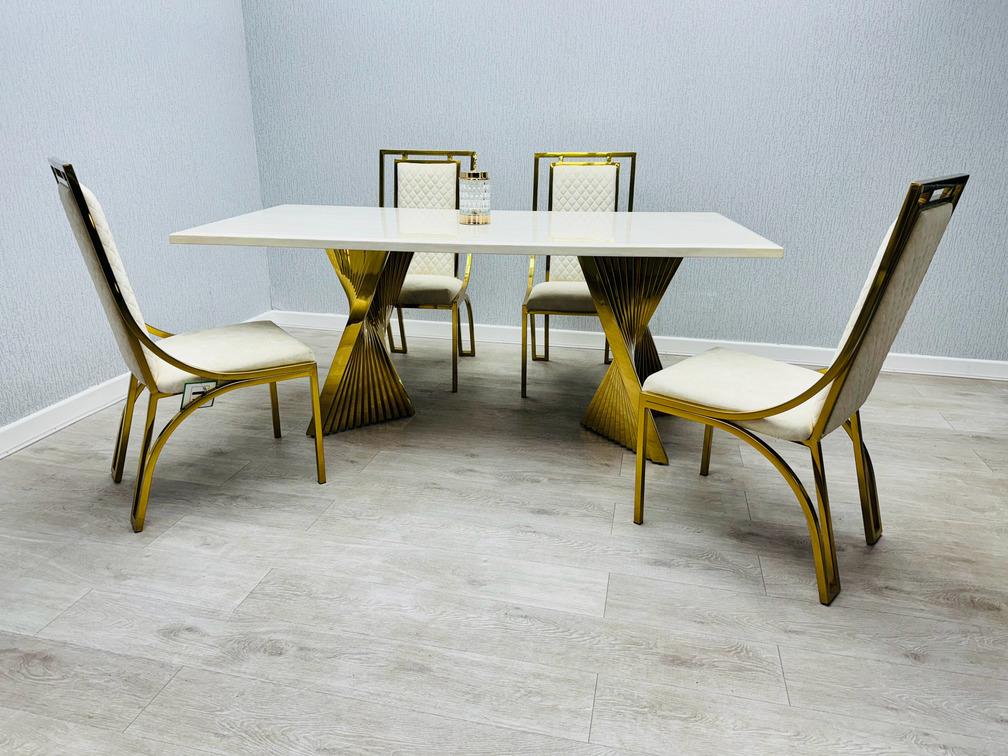 Ravello Cream & Gold Marble Dining Table With Windsor Gold Chairs