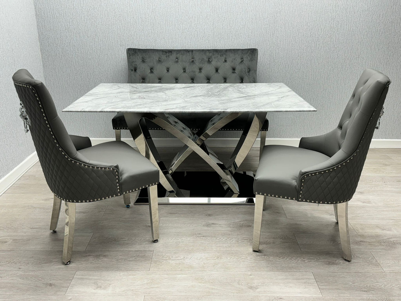 Aria 180cm Grey Marble & Chrome Dining Table With Majestic PU Leather Lion Knocker Dining Chairs