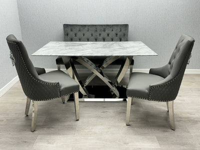 Aria 180cm Grey Marble & Chrome Dining Table With Majestic PU Leather Lion Knocker Dining Chairs