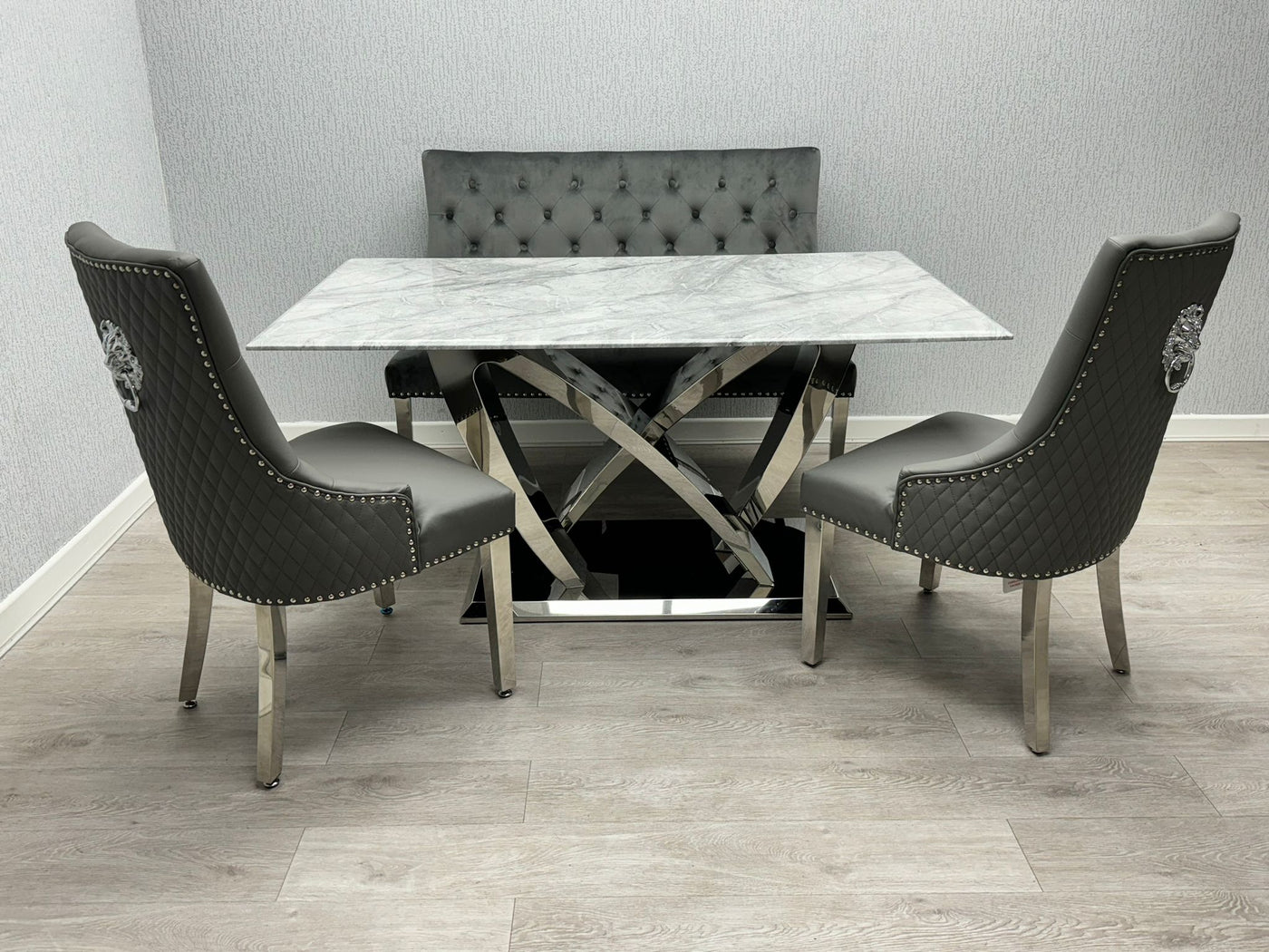 Aria 180cm Grey Marble & Chrome Dining Table With Majestic PU Leather Lion Knocker Dining Chairs