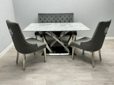 Aria 180cm Grey Marble & Chrome Dining Table With Majestic PU Leather Lion Knocker Dining Chairs