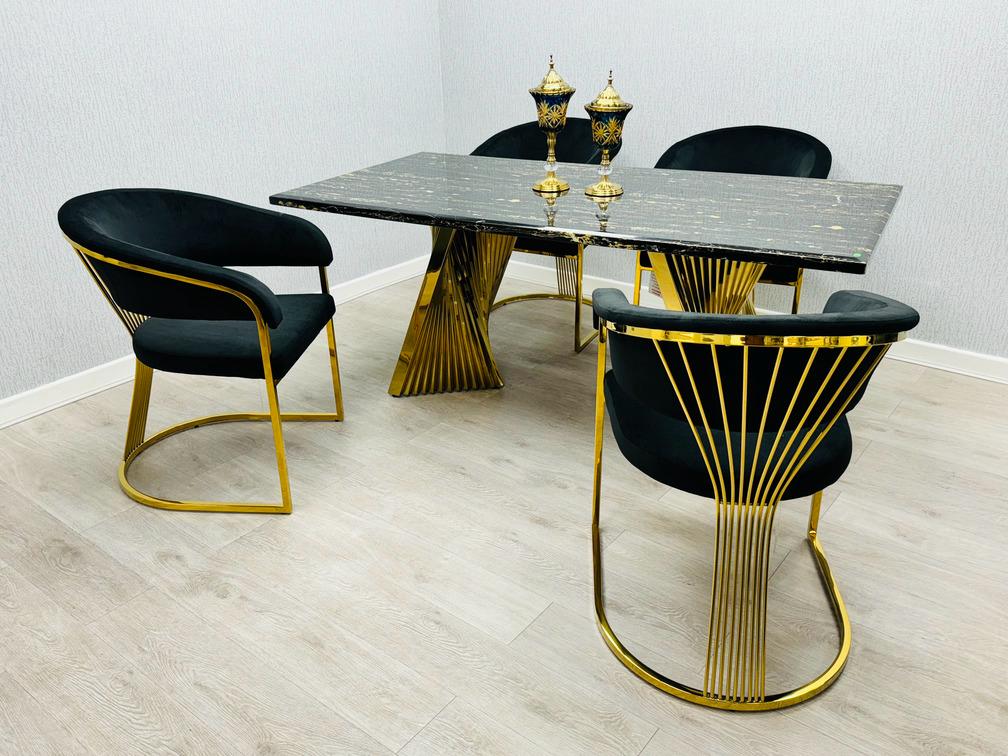 Ravello Black & Gold Marble Dining Table With Porado Gold Chairs
