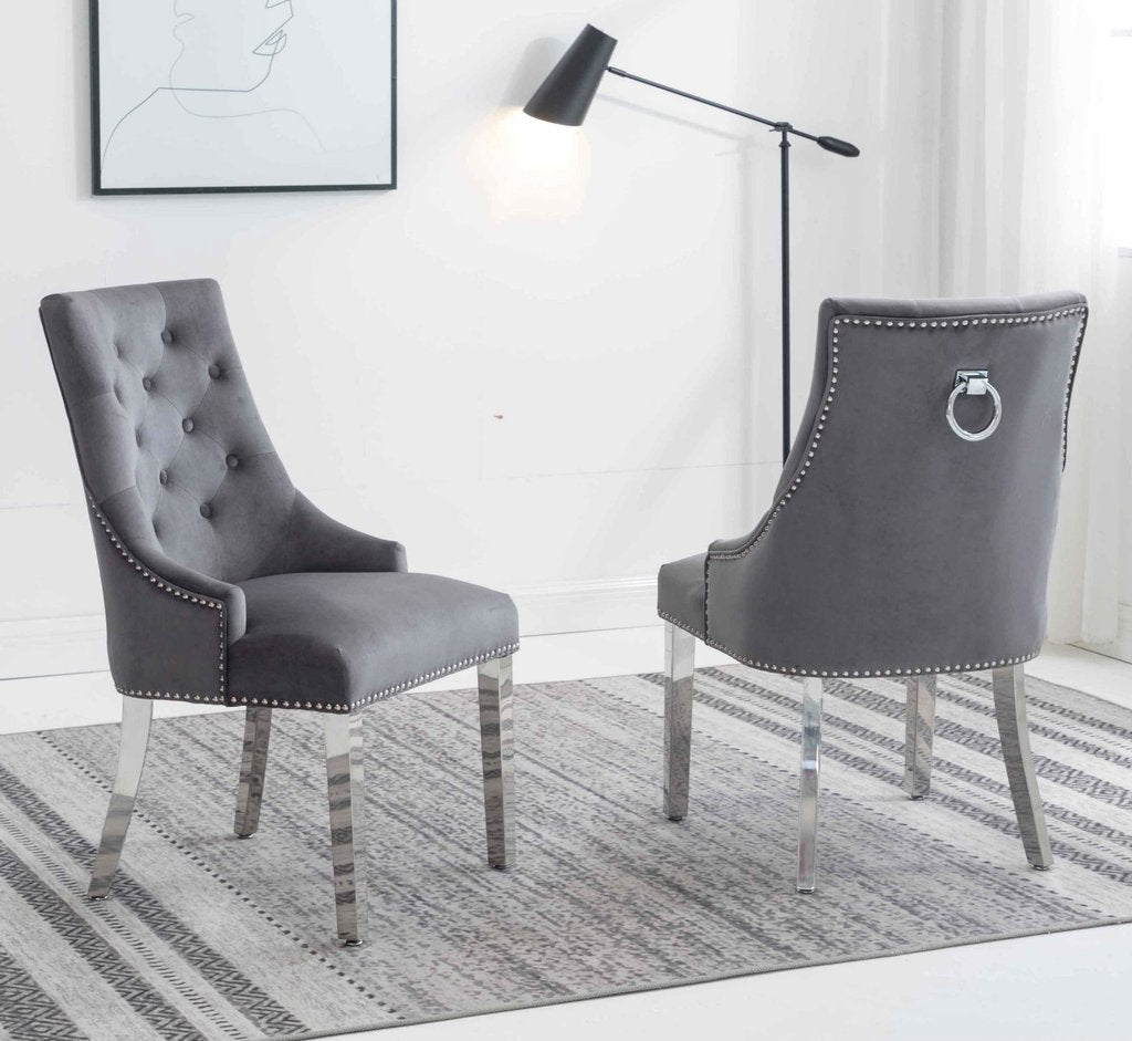 Louis 150cm Grey Marble Dining Table + 4 Grey Ring Knocker Chairs + 110cm Bench - Belmont Interiors