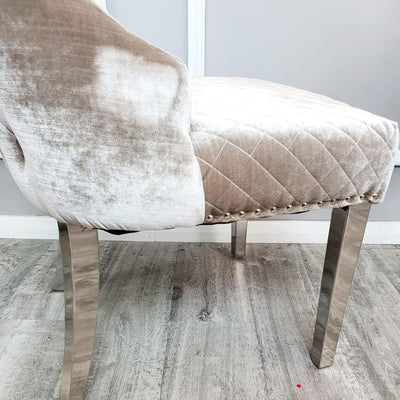 Valente Champagne Mink Velvet Fabric Button Back Lion Knocker Quilted Dining Chair - Belmont Interiors