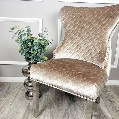 Valente Champagne Mink Velvet Fabric Button Back Lion Knocker Quilted Dining Chair - Belmont Interiors