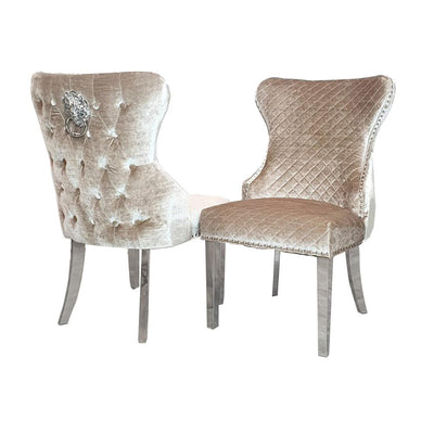 Valente Champagne Mink Velvet Fabric Button Back Lion Knocker Quilted Dining Chair - Belmont Interiors