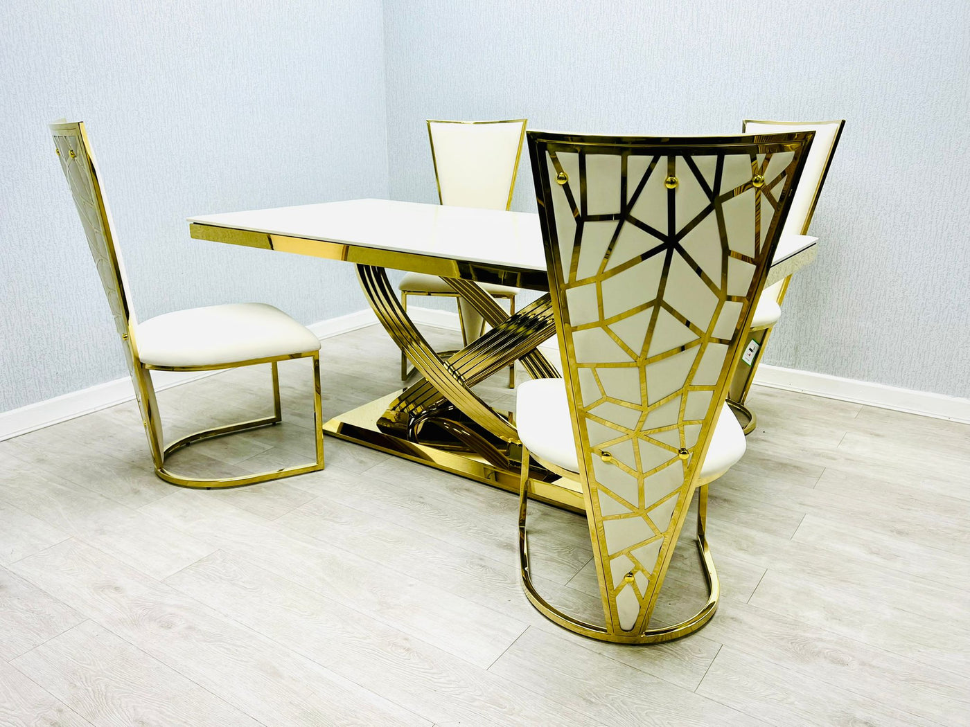 Elina 180cm Gold Dining Table With Posidon High Back Velvet Gold Chairs