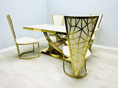 Elina 180cm Gold Dining Table With Posidon High Back Velvet Gold Chairs