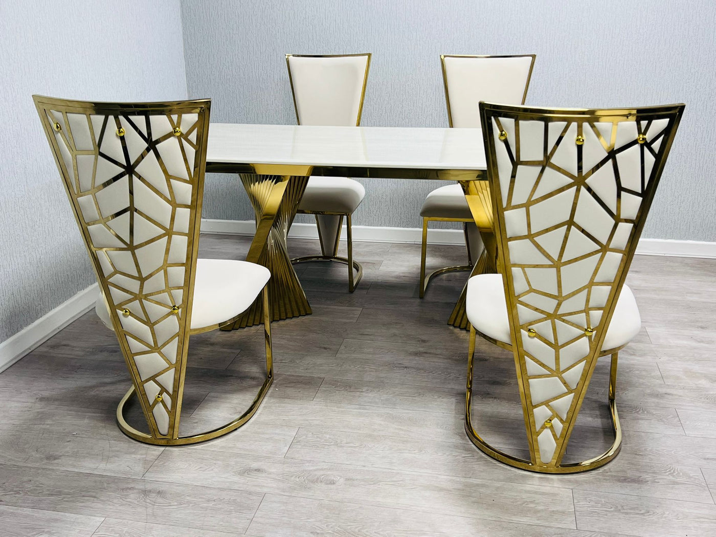 Ravello 180cm Gold Dining Table With Posidon High Back Velvet Gold Chairs